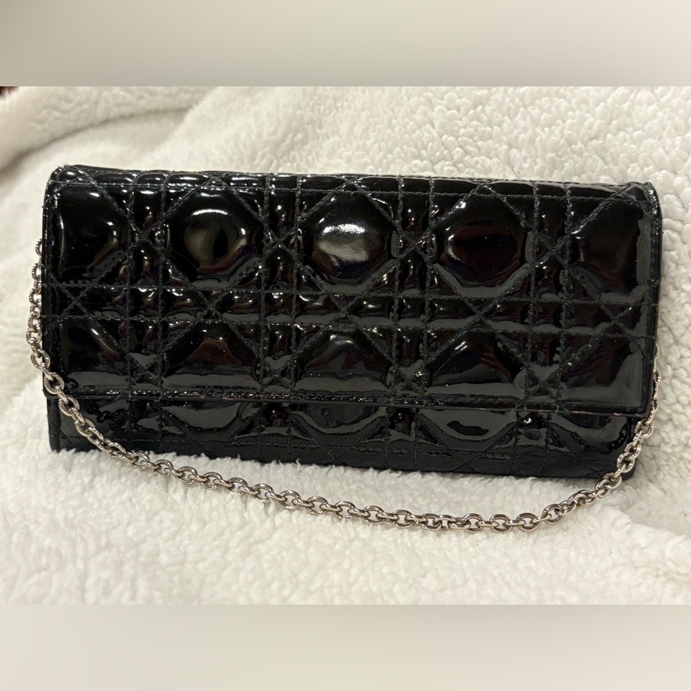 Patent Lambskin Cannage Lady Dior Rendezvous Wallet On Chain Black